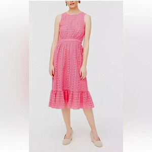 J Crew Eyelet Cotton Sleeveless Tiered Hem Hot Pink Midi Dress Womens Size 4